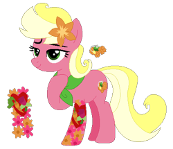 Size: 466x401 | Tagged: safe, artist:acuteexposure, artist:painterede, artist:selenaede, artist:strawberry-spritz, imported from derpibooru, oc, oc only, oc:floral fragrance (ice1517), earth pony, pony, icey-verse, base used, clothes, female, flower, flower in hair, magical lesbian spawn, mare, offspring, parent:carrot top, parent:roseluck, parents:carrotluck, raised hoof, scarf, simple background, solo, tattoo, transparent background