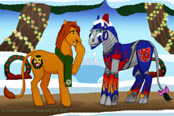 Size: 2993x2004 | Tagged: safe, artist:stargazerseven, imported from derpibooru, pony, bow, cross-popping veins, crossover, duo, leonine tail, mufasa, optimus prime, ponified, raised hoof, snow, tail bow, the lion king, transformers