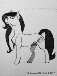 Size: 1224x1632 | Tagged: safe, artist:stargazerseven, imported from derpibooru, oc, oc only, oc:eloquence, earth pony, pony, earth pony oc, hoof on chest, hooves to the chest, lineart, monochrome, solo, traditional art