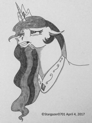 Size: 1224x1632 | Tagged: safe, artist:stargazerseven, imported from derpibooru, princess celestia, alicorn, pony, bust, female, jewelry, lineart, looking up, mare, monochrome, peytral, sad, tiara, traditional art