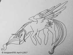 Size: 1632x1224 | Tagged: safe, artist:stargazerseven, imported from derpibooru, clover the clever, alicorn, pony, alicornified, eyes closed, female, flying, lineart, mare, monochrome, race swap, solo, traditional art