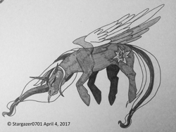 Size: 1632x1224 | Tagged: safe, alternate version, artist:stargazerseven, imported from derpibooru, clover the clever, alicorn, pony, alicornified, eyes closed, female, flying, lineart, mare, monochrome, race swap, solo, traditional art