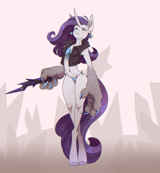 Size: 2425x2623 | Tagged: safe, artist:1an1, imported from derpibooru, rarity, anthro, diamond dog, dog, hybrid, unguligrade anthro, unicorn, belly button, bra, breasts, clothes, crystal, curved horn, diamond dogified, ear piercing, earring, horn, jewelry, panties, partial transformation, paws, piercing, raridog, species swap, thong, underwear, vest