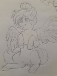 Size: 720x960 | Tagged: safe, artist:silentwolf-oficial, imported from derpibooru, oc, oc only, pegasus, pony, :p, grayscale, lineart, monochrome, pegasus oc, sitting, tongue out, traditional art, wings