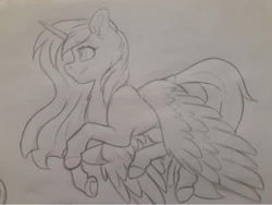 Size: 960x721 | Tagged: safe, artist:silentwolf-oficial, imported from derpibooru, oc, oc only, alicorn, pony, alicorn oc, grayscale, horn, lineart, monochrome, solo, traditional art, wings