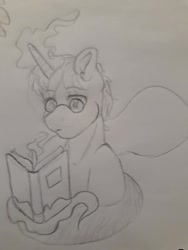 Size: 720x960 | Tagged: safe, artist:silentwolf-oficial, imported from derpibooru, oc, oc only, pony, unicorn, book, bust, glasses, glowing horn, grayscale, horn, lineart, magic, monochrome, reading, solo, telekinesis, traditional art, unicorn oc