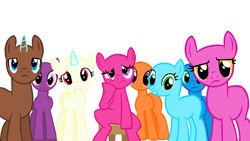 Size: 1280x720 | Tagged: safe, artist:maverickmam, imported from derpibooru, oc, oc only, earth pony, pony, unicorn, bald, base, earth pony oc, eyelashes, frown, group, horn, simple background, sitting, stool, unicorn oc, white background