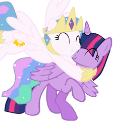 Size: 778x862 | Tagged: safe, artist:maverickmam, artist:thatanimeponyperson, imported from derpibooru, princess celestia, twilight sparkle, alicorn, pony, base used, eyelashes, female, flying, grin, hoof shoes, hug, jewelry, lesbian, mare, shipping, simple background, smiling, tiara, twilestia, twilight sparkle (alicorn), white background