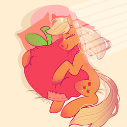 Size: 768x768 | Tagged: safe, artist:valkiria, derpibooru exclusive, imported from derpibooru, applejack, earth pony, pony, apple, bed, cute, eyes closed, female, food, hug, jackabetes, lying down, mare, plushie, sleeping