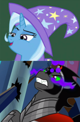 Size: 1224x1868 | Tagged: safe, edit, edited screencap, imported from derpibooru, screencap, king sombra, trixie, female, male, shipping, shipping domino, straight, trixbra