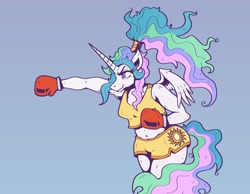 Size: 1900x1478 | Tagged: safe, artist:goblinspell, imported from derpibooru, princess celestia, alicorn, anthro, alternate hairstyle, boxing, boxing gloves, clothes, female, gradient background, hair wrap, punch, shorts, solo, sports