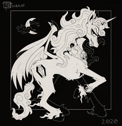 Size: 2000x2060 | Tagged: safe, artist:goblinspell, imported from derpibooru, oc, oc only, alicorn, bat pony, bat pony alicorn, pony, vampire, vampony, bat pony oc, bat wings, grin, hoof fluff, horn, monochrome, peytral, raised hoof, smiling, solo, wings