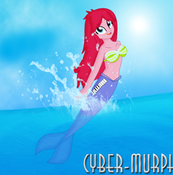 Size: 1560x1576 | Tagged: safe, artist:cyber-murph, imported from derpibooru, raspberry fluff, mermaid, series:cyber-murph's mermaids, equestria girls, rainbow rocks, background human, belly, belly button, bra, breach, clothes, cute, mermaidized, midriff, ocean, pearl, seashell bra, signature, species swap, splash, underwear