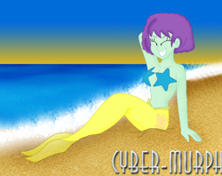 Size: 1808x1432 | Tagged: safe, artist:cyber-murph, imported from derpibooru, blueberry pie, mermaid, series:cyber-murph's mermaids, equestria girls, rainbow rocks, arm behind head, background human, belly, belly button, breasts, curly hair, cute, eyes closed, mermaidized, midriff, ocean, signature, sitting, species swap, splash, starfish bra