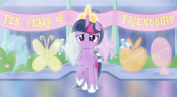 Size: 5750x3150 | Tagged: safe, artist:devfield, imported from derpibooru, twilight sparkle, alicorn, pony, absurd resolution, banner, building, bush, clothes, craft, crepuscular rays, crown, crystal, crystal empire, cute, cutie mark, doorway, female, flower, folded wings, glow, glowing, happy birthday mlp:fim, hoof shoes, horn, jewelry, mare, mlp fim's tenth anniversary, raised hoof, reflection, regalia, sculpture, show accurate, smiling, solo, sparkles, stairs, street, tail accessory, twiabetes, twilight sparkle (alicorn), vector, window, wings