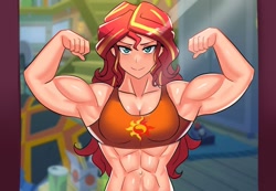 Size: 900x624 | Tagged: safe, artist:tzc, imported from derpibooru, sunset shimmer, human, equestria girls, commission, female, gunset shimmer, human coloration, mirror, muscles, muscular female, sunset lifter