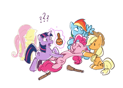 Size: 1227x879 | Tagged: safe, artist:anonymous, applejack, fluttershy, pinkie pie, rainbow dash, rarity, twilight sparkle, pony, drawthread, embarrassed, glowing horn, horn, laughing, mane six, maracas, musical instrument, oboe, parody, ponified, puzzled, simple background, vase, white background