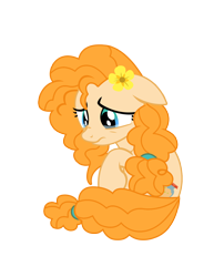 Size: 1530x1980 | Tagged: safe, artist:three uncle, imported from derpibooru, screencap, pear butter, earth pony, pony, the perfect pear, bed, cropped, crying, cute, female, flower, flower in hair, looking down, mare, sad, sadorable, simple background, sitting, solo, transparent background