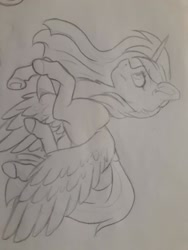 Size: 720x960 | Tagged: safe, artist:silentwolf-oficial, imported from derpibooru, oc, oc only, alicorn, pony, alicorn oc, grayscale, horn, lineart, monochrome, solo, traditional art, wings