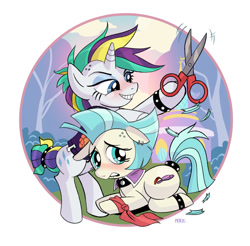 Size: 1280x1260 | Tagged: safe, artist:priscilla tramontano, imported from derpibooru, coco pommel, rarity, earth pony, pony, unicorn, alternate hairstyle, bracelet, circle background, clothes, dexterous hooves, do not want, duo, duo female, evil grin, female, grin, haircut, jewelry, lip bite, makeover, mare, nervous, punk, raripunk, scissors, smiling, vest