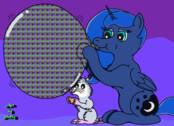 Size: 2294x1666 | Tagged: safe, artist:puffydearlysmith, imported from derpibooru, princess luna, tiberius, alicorn, opossum, pony, balloon, balloon fetish, blowing up balloons, eating, female, fetish, loonerluna, male, mare, unmoving plaid