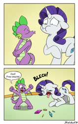 Size: 1160x1841 | Tagged: safe, artist:strebiskunk, imported from derpibooru, rarity, spike, dragon, pony, unicorn, my little pony: pony life, comic, everything went better than expected, female, g4.5, gem, male, mare, open mouth, vomit, vomiting gems, winged spike, wings