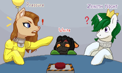 Size: 600x360 | Tagged: safe, artist:winsenta, imported from derpibooru, oc, oc:zenith night, earth pony, unicorn, among us, balloon, clothes, female, male, mare, spacesuit, stallion, tag me plz