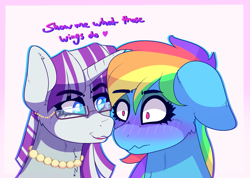 Size: 1309x933 | Tagged: safe, artist:aaa-its-spook, imported from derpibooru, rainbow dash, twilight velvet, pony, unicorn, blushing, cougar, female, flirting, floppy ears, glasses, infidelity, jewelry, lesbian, mother, necklace, pearl necklace, shipping, shrunken pupils, this will end in divorce, velvetdash