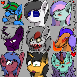 Size: 768x768 | Tagged: safe, artist:skydreams, imported from derpibooru, oc, oc:blissy, oc:dioxin, oc:domino, oc:lady foxtrot, oc:move, oc:scaramouche, oc:searing cold, oc:sparky showers, oc:wander bliss, alicorn, bat pony, bat pony alicorn, changeling, dragon, earth pony, kirin, pegasus, pony, unicorn, bat wings, bloody mouth, blue screen of death, blushing, blushing ears, body horror, book, breathing fire, disguise, disguised changeling, dyed mane, ear blush, ear piercing, emoji, emotes, evil grin, eyes closed, fire, fire breath, glasses, glowing eyes, grin, heart, horn, horn piercing, industrial piercing, jewelry, kissing, nerd, nom, patreon, patreon reward, piercing, pointing, scrunchy face, shocked, shocked expression, smiling, smirk, wings, yellow eyes
