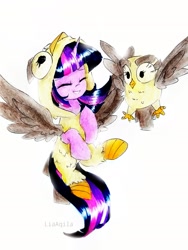 Size: 1665x2220 | Tagged: safe, artist:liaaqila, imported from derpibooru, owlowiscious, twilight sparkle, alicorn, bird, owl, pony, animal costume, clothes, costume, cute, duo, eyes closed, female, flying, kigurumi, male, mare, marker drawing, pet, simple background, smiling, traditional art, twiabetes, twilight sparkle (alicorn), white background