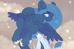 Size: 1280x854 | Tagged: safe, artist:macyw, artist:sam2up, imported from derpibooru, oc, oc only, blue coat, blue fur, blue mane, cloud, cloudy, misleading thumbnail, not luna, oc name needed, snow, snowfall, thick eyebrows, unshorn fetlocks