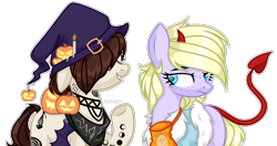Size: 1728x915 | Tagged: safe, artist:midnightmusic, imported from derpibooru, nightmare moon, oc, oc only, oc:tatiana (ice1517), oc:winter jewel, demon, earth pony, ghost, pony, undead, vampire, vampony, bag, bandana, blank flank, candle, clothes, coat, commission, costume, devil, devil horns, devil tail, duo, eyes closed, fake wings, female, freckles, fur coat, grin, hairband, halloween, halloween costume, hat, holiday, jack-o-lantern, mare, nightmare night costume, pumpkin, raised hoof, simple background, smiling, tape, tattoo, transparent background, witch, witch costume, witch hat, ych result
