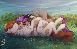 Size: 3155x1999 | Tagged: safe, artist:1an1, imported from derpibooru, oc, oc only, oc:buttered toast, oc:ouija, bird, earth pony, pegasus, pony, blushing, cuddling, duo, female, flower, grass, male, straight, tongue out, wholesome