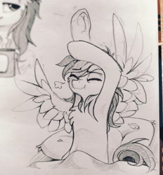 Size: 1904x2048 | Tagged: safe, artist:trickate, imported from derpibooru, rainbow dash, pegasus, pony, armpits, bed, chest fluff, cute, dashabetes, eyes closed, feather, monochrome, morning ponies, solo, spread wings, stretching, traditional art, waking up, wings