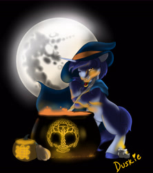 Size: 10500x11800 | Tagged: safe, artist:duskflare, imported from derpibooru, oc, oc:aeon of dreams, pony, unicorn, 2020, cauldron, full moon, halloween 2020, halloween2020, hat, hoof fluff, moon, nightmare night 2020, rearing, samhain, witch hat, yggdrasil