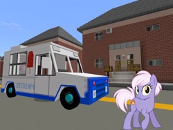 Size: 2048x1536 | Tagged: safe, artist:cheezedoodle96, artist:topsangtheman, edit, imported from derpibooru, burning passion, earth pony, pony, house, ice cream truck, looking at you, minecraft, solo