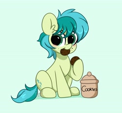 Size: 4096x3762 | Tagged: safe, artist:kittyrosie, imported from derpibooru, sandbar, earth pony, pony, cookie, cookie jar, cute, digital art, eating, food, green background, herbivore, high res, hoof hold, male, sandabetes, simple background, sitting, solo, tail