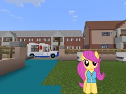 Size: 2048x1536 | Tagged: safe, artist:magister39, artist:topsangtheman, imported from derpibooru, pursey pink, earth pony, pony, house, ice cream truck, looking at you, minecraft, park, solo