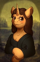 Size: 1452x2244 | Tagged: safe, artist:roseandcompany, imported from derpibooru, pony, unicorn, bust, classic art, crossed hooves, eyelid, fine art parody, horn, looking at you, mona lisa, pona lisa, portrait, solo