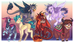 Size: 3500x2000 | Tagged: safe, artist:squishkitti, imported from derpibooru, gallus, ocellus, sandbar, silverstream, smolder, yona, changedling, changeling, dragon, earth pony, griffon, hippogriff, yak, dragoness, female, group shot, horn, male, redesign, signature, smiling, speedpaint available, stallion, student six, wings