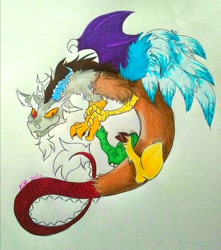 Size: 1213x1374 | Tagged: safe, artist:laphita, imported from derpibooru, discord, draconequus, male, signature, smiling, smirk, solo, traditional art, wings