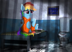 Size: 2160x1565 | Tagged: safe, artist:spellboundcanvas, imported from derpibooru, rainbow dash, pegasus, pony, bed, clothes, crying, jumpsuit, prison, prison outfit, prisoner, prisoner rd, regret, restraints, sad, solo, toilet, underhoof, wing cuffs, wings