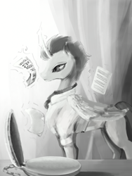 Size: 1536x2048 | Tagged: safe, artist:lewdthehorny, imported from derpibooru, oc, alicorn, alicorn oc, black and white, clothes, grayscale, horn, monochrome, notes, pocket watch, reading, wings