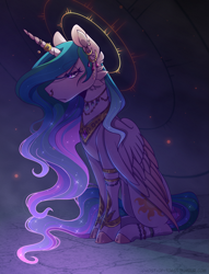 Size: 1395x1822 | Tagged: safe, artist:rainsrandomness, artist:spookznspectres, imported from derpibooru, princess celestia, alicorn, pony, bracelet, ear piercing, earring, female, halo, horn, horn ring, jewelry, mare, necklace, nose piercing, nose ring, piercing, reign, ring, royalty, sitting, solo