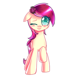 Size: 2200x2200 | Tagged: safe, artist:melanyschaffer, artist:opal_radiance, imported from derpibooru, roseluck, earth pony, pony, blushing, cute, cuteluck, female, floppy ears, flower, flower in hair, mare, one eye closed, raised hoof, rosabetes, simple background, solo, transparent background, weapons-grade cute
