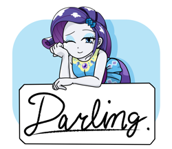 Size: 740x640 | Tagged: safe, artist:batipin, imported from derpibooru, rarity, equestria girls, equestria girls series, darling, female, geode of shielding, looking at you, magical geodes, one eye closed, rarity peplum dress, sign, solo, wink