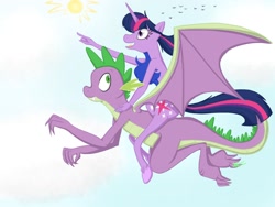 Size: 1600x1200 | Tagged: safe, artist:izzyfredpony, imported from derpibooru, spike, twilight sparkle, anthro, dragon, pony, semi-anthro, chest fluff, flying, ponies riding dragons, riding, twilight riding spike, winged spike, wings