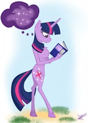 Size: 1150x1600 | Tagged: safe, artist:izzyfredpony, imported from derpibooru, twilight sparkle, anthro, semi-anthro, unicorn, book, chest fluff, day, female, show accurate clothing, solo, unicorn twilight