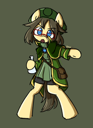 Size: 646x886 | Tagged: safe, artist:spheedc, imported from derpibooru, oc, oc only, oc:khyoo, earth pony, semi-anthro, bipedal, bottle, clothes, digital art, female, glasses, mare, meganekko, potion, satchel, simple background, solo