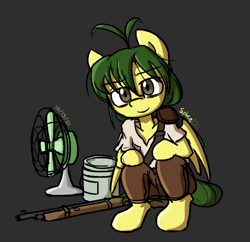 Size: 556x539 | Tagged: safe, artist:spheedc, imported from derpibooru, oc, oc only, oc:tree sap, pegasus, semi-anthro, clothes, digital art, electric fan, female, gun, mare, paint can, rifle, simple background, solo, weapon